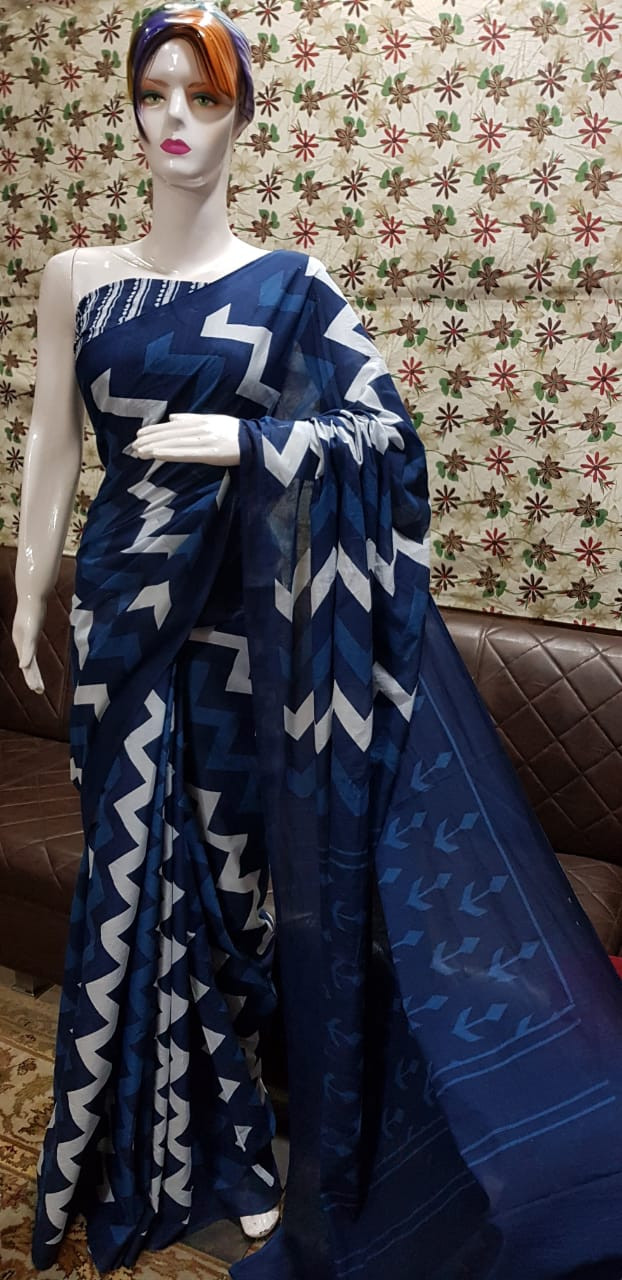 Navy Blue Cotton Saree with Geometric Zigzag Patterns and Tonal Arrow Accents.