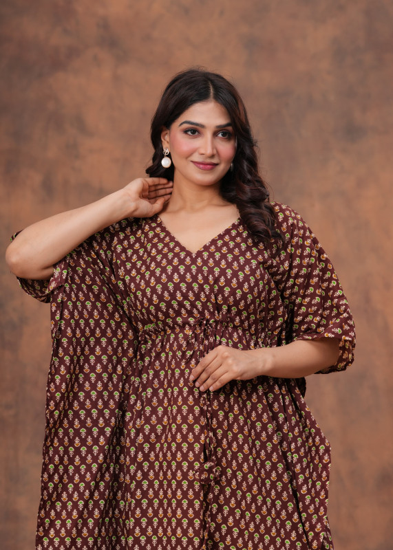 Maroon Hand Block Printed Cotton Kaftan