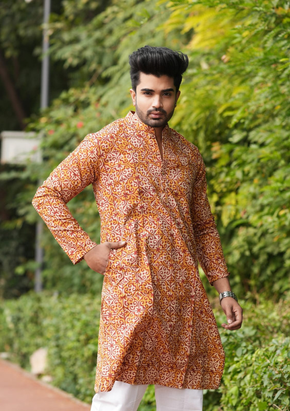 Mustard Yellow (or Orange-Red / Copper Brown) with a geometric print or ethnic motif print.