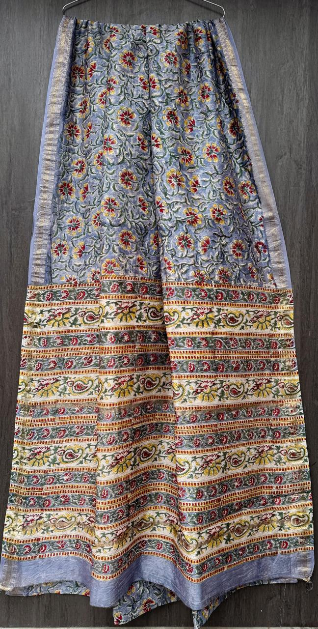 Steel Blue & Ivory Hand Block Printed Maheshwari Silk Saree with Blouse