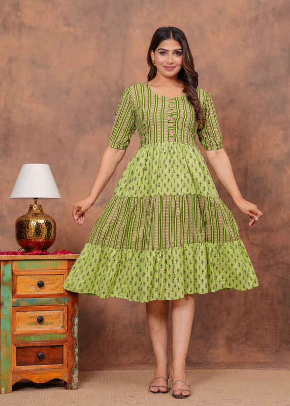 Light Green Mixed Stripe and Floral Print Half Sleeve one piece  Dress