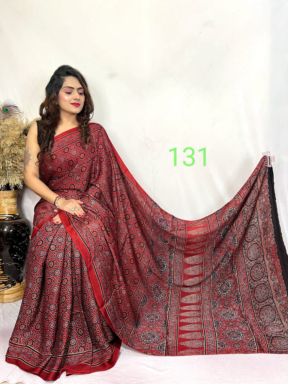 Red and Black Modal Silk Ajrakh Print Saree