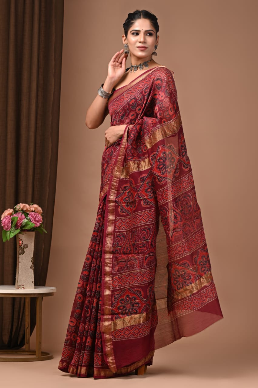 Maroon Red Maheshwari Silk Hand Block Printed Saree