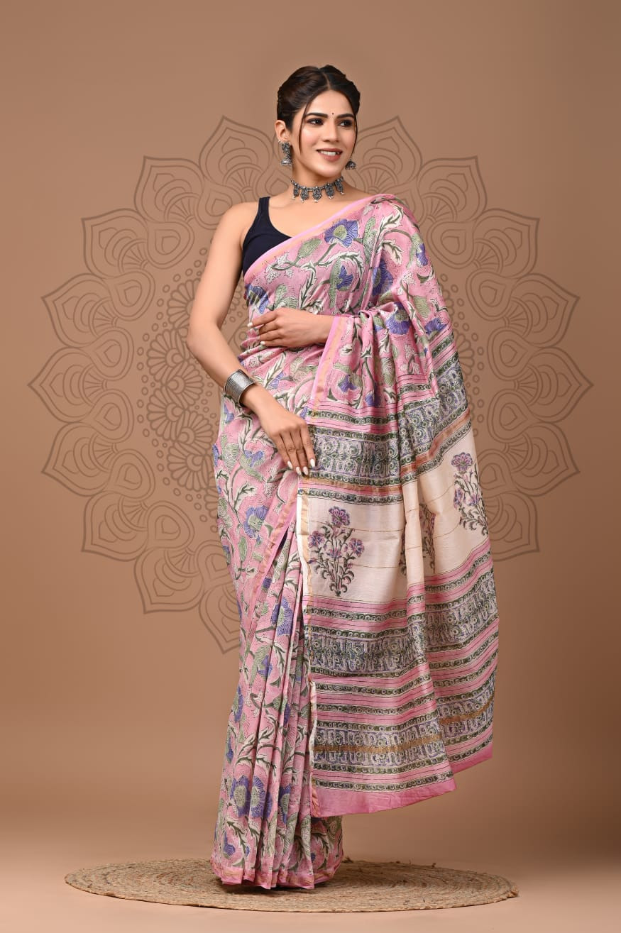 Ocean Bloom: Hand-Block Printed Maheshwari Silk-Cotton Saree in Pink & Blue