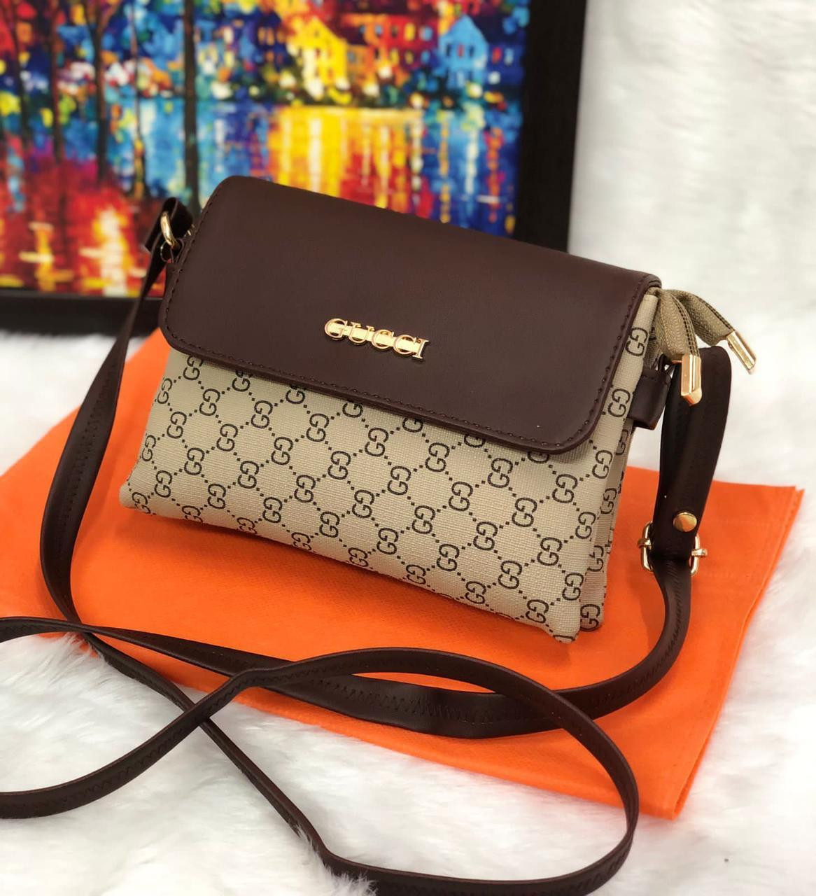 Beige and Brown GG Supreme Canvas Messenger Bag with Brown Leather Trim and Gold-Tone Logo.