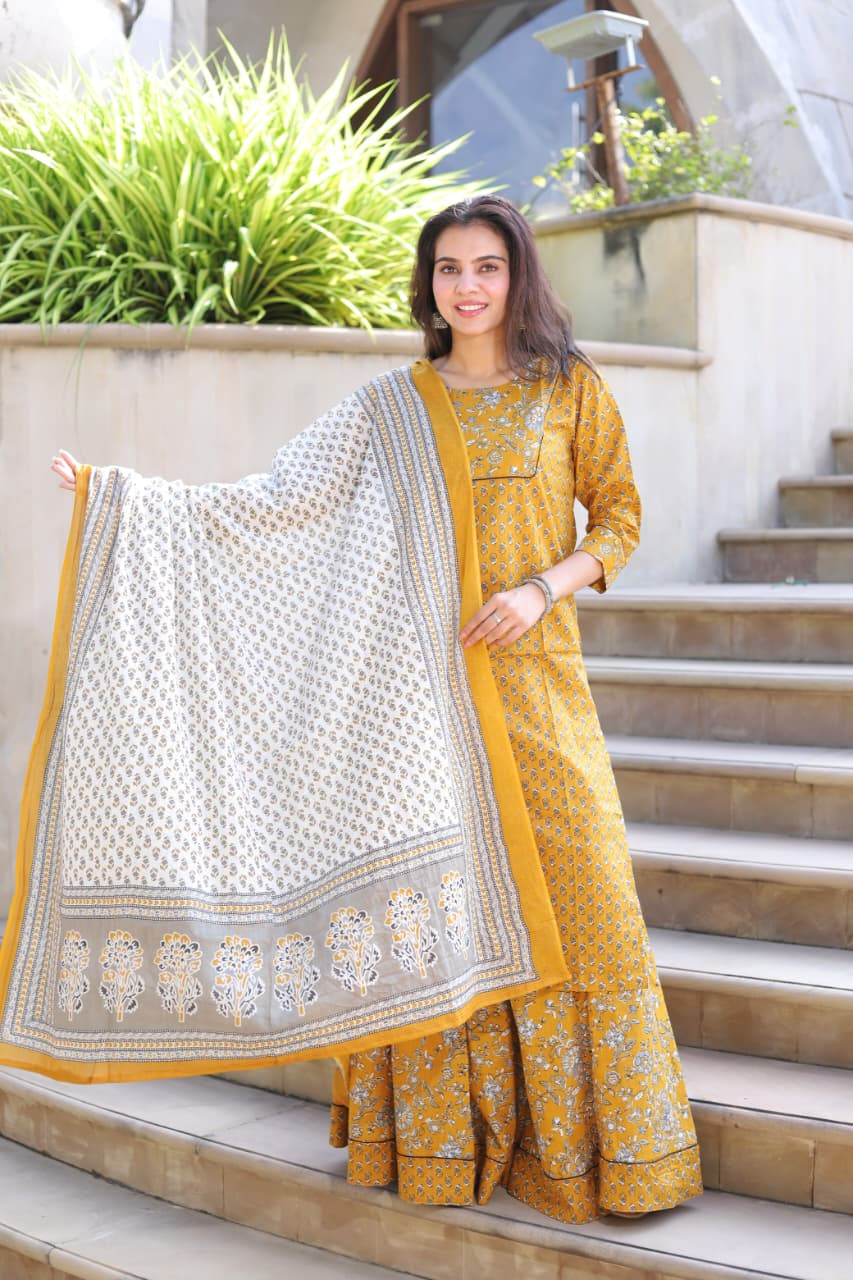 Mustard yellow and off-whitek and White Hand-Block Printed Anarkali Kurta Set with Dupatta