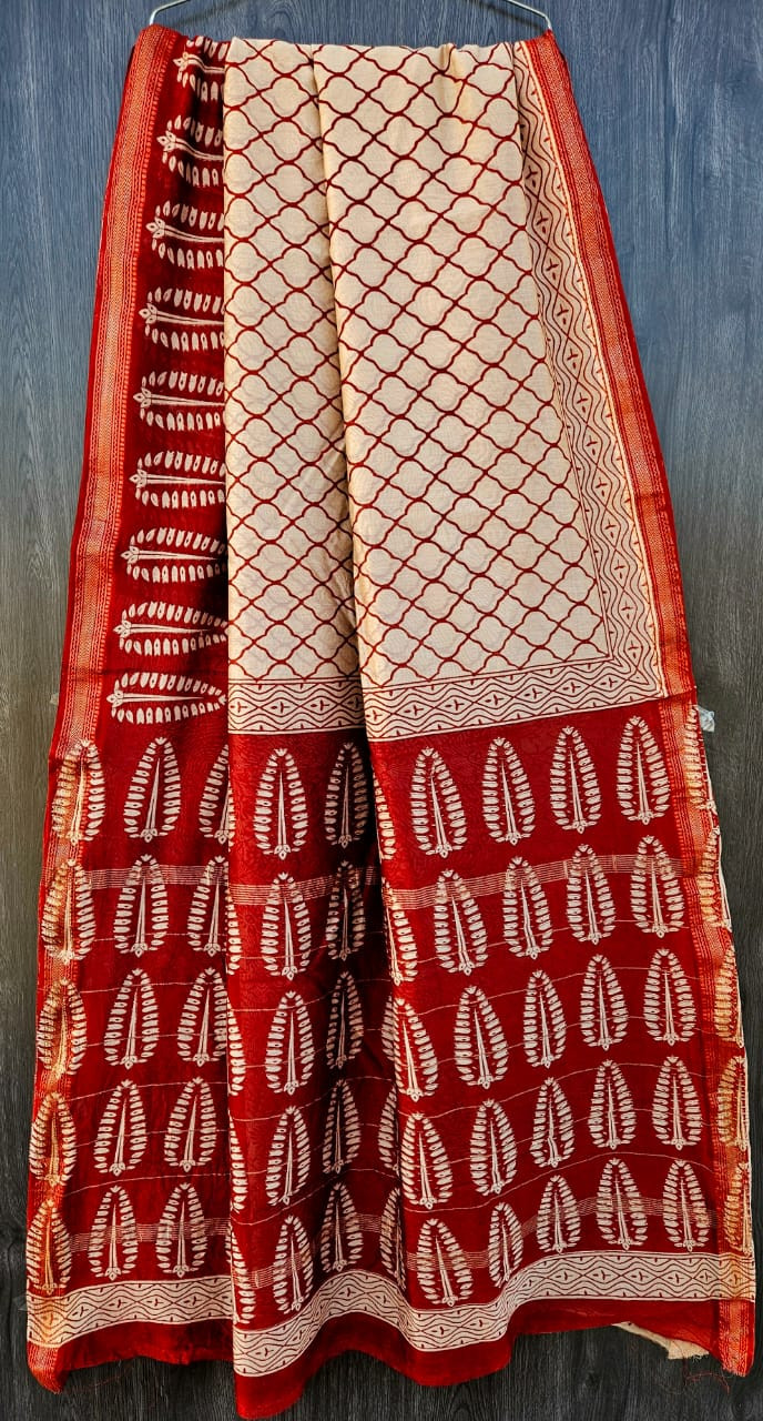 Ivory Cream & Deep Red Hand Block Printed Maheshwari Silk Saree with Blouse