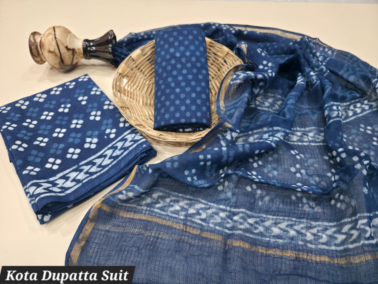 Indigo  Dark Blue Dabu Hand Block Printed Cotton Suit with Kota Doria Dupatta
