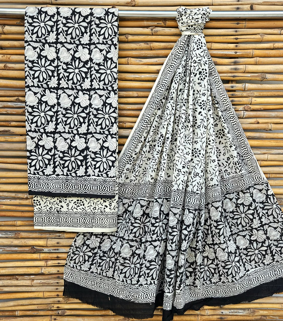 Classic Black & White Jaipuri Hand-Block Print Cotton Suit Set