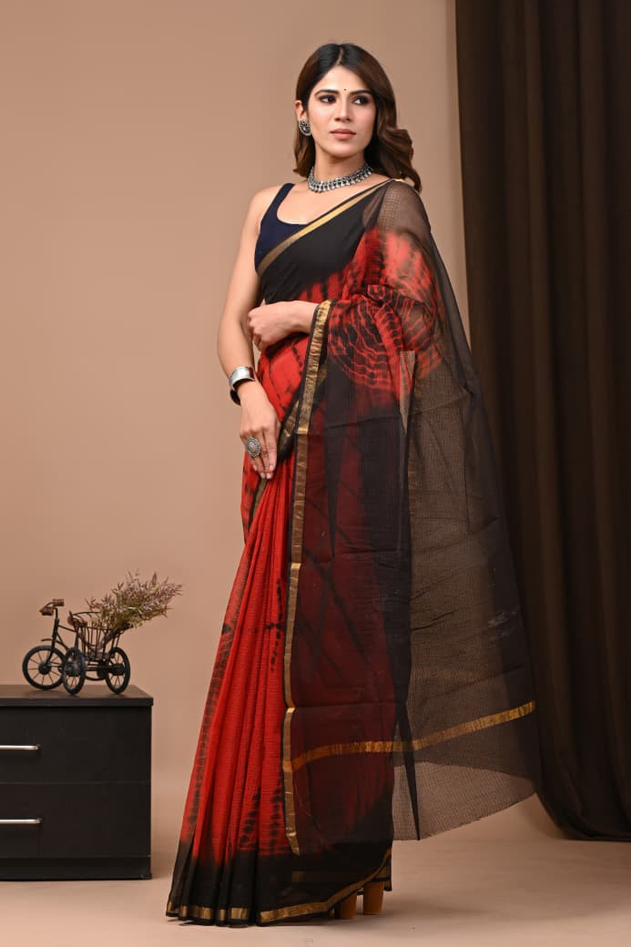 Red & Black Hand Block Print Kota Doria Saree