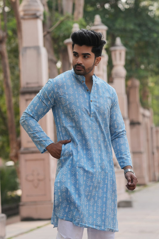 Light blue or sky blue with a geometric print or traditional/ethnic print.