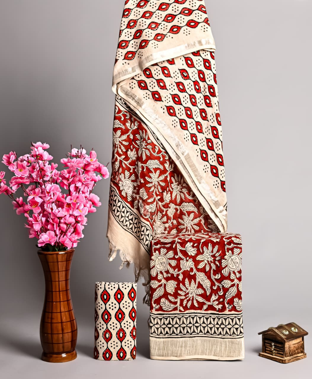Crimson Red and Off-White Handcrafted Cotton Unstitched Suit Set