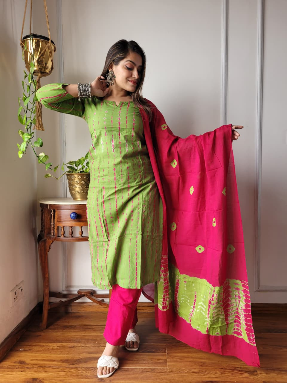 Lime Green & Pink Tie-Dye Cotton Suit Set