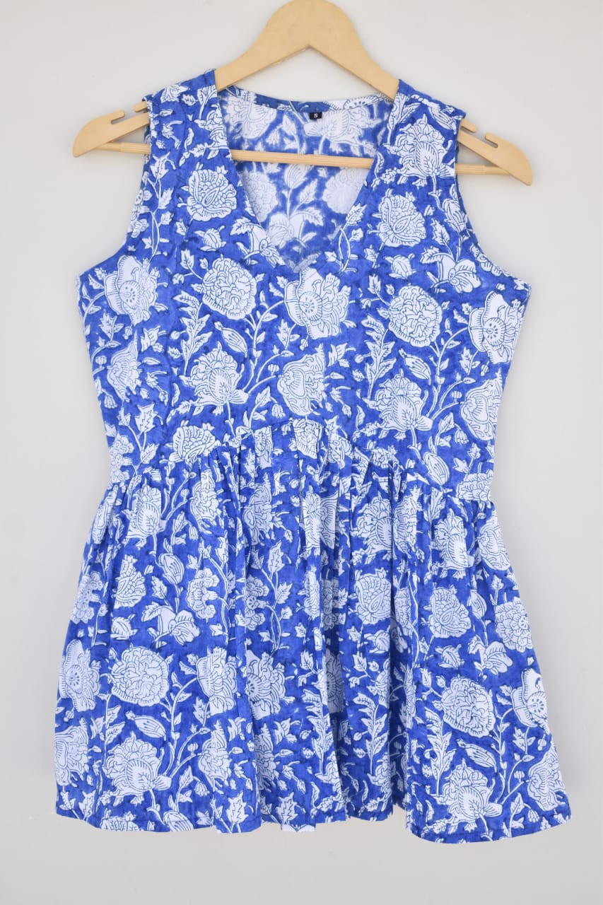 Blue Floral Block-Print Sleeveless Top