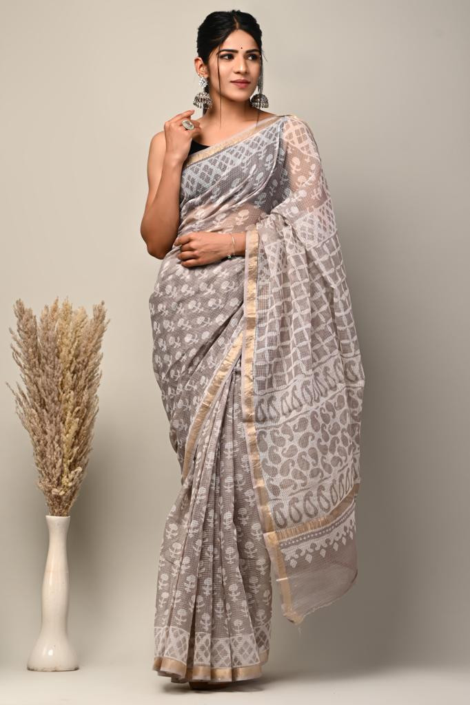 Beige & White Kota Doria Saree Handmade Dabu/Bagru Hand Block Printed