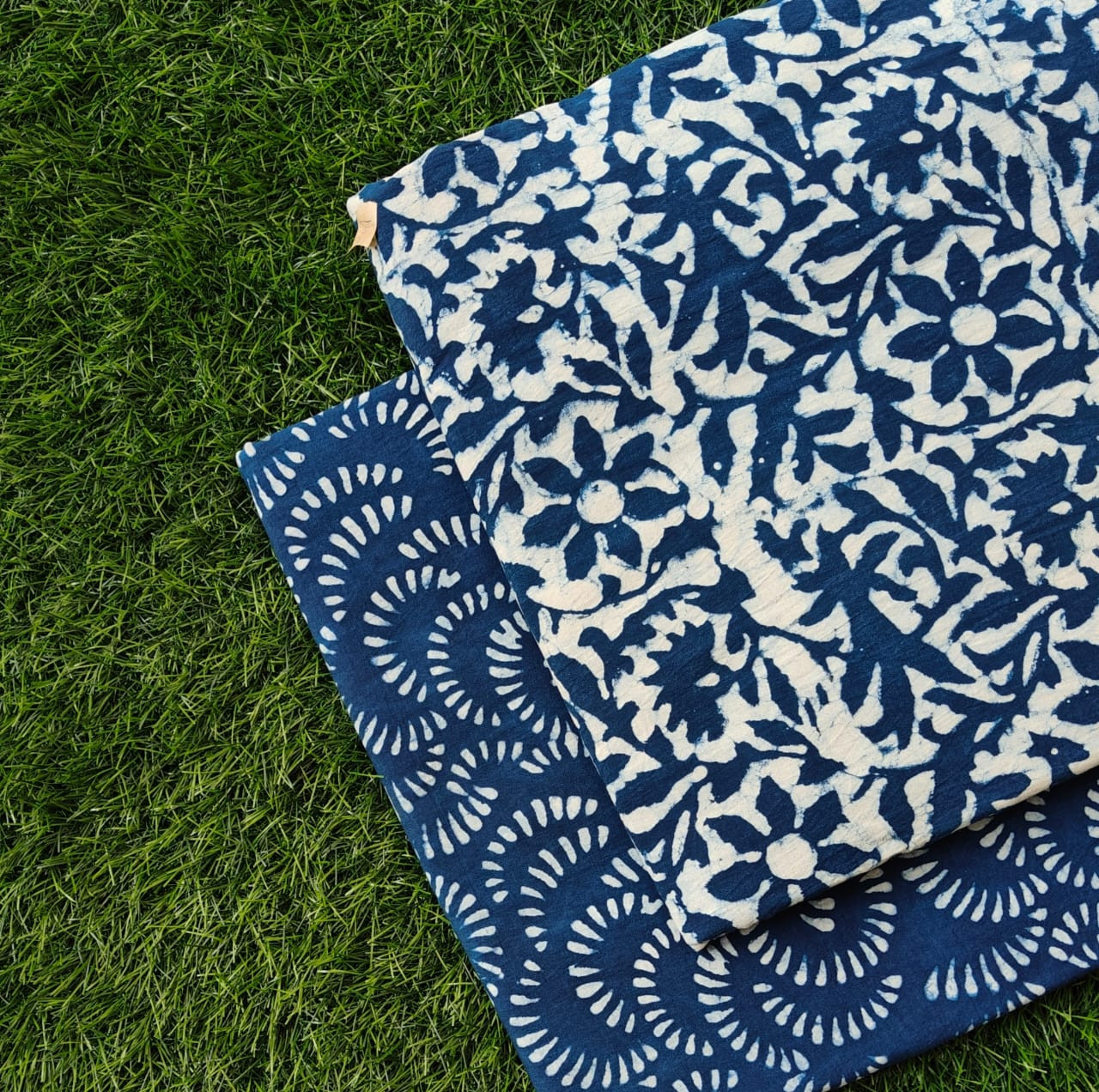 Navy Blue & White Floral Swirl Handblock Printed Cotton Suit Set Top 2.50 MTR +Bottom 2.50 MTR