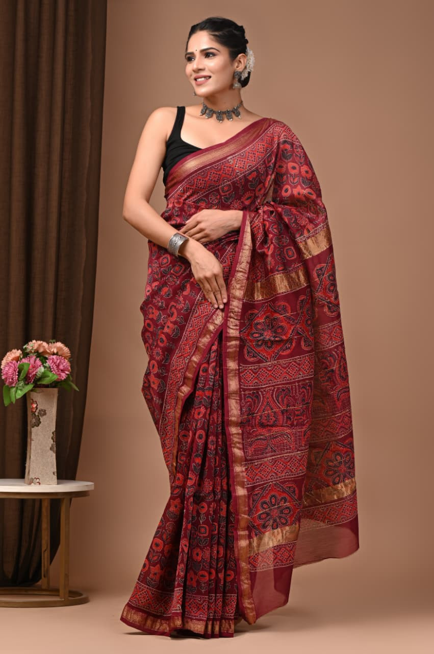 Red, Black, and Gold Hand-Block Printed Maheshwari Silk Saree