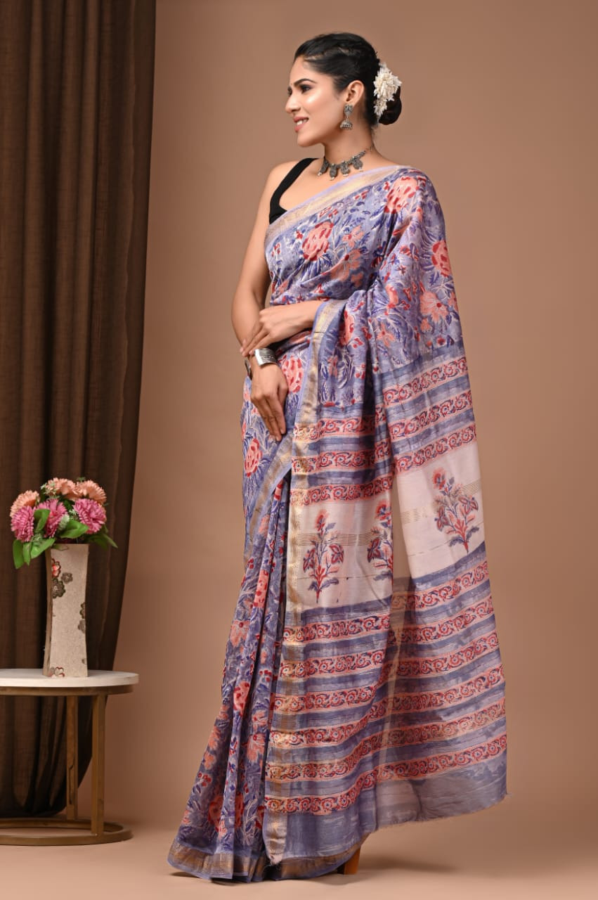 Lavender, Pink, and Gold Maheshwari Silk Hand Block Printed Saree
