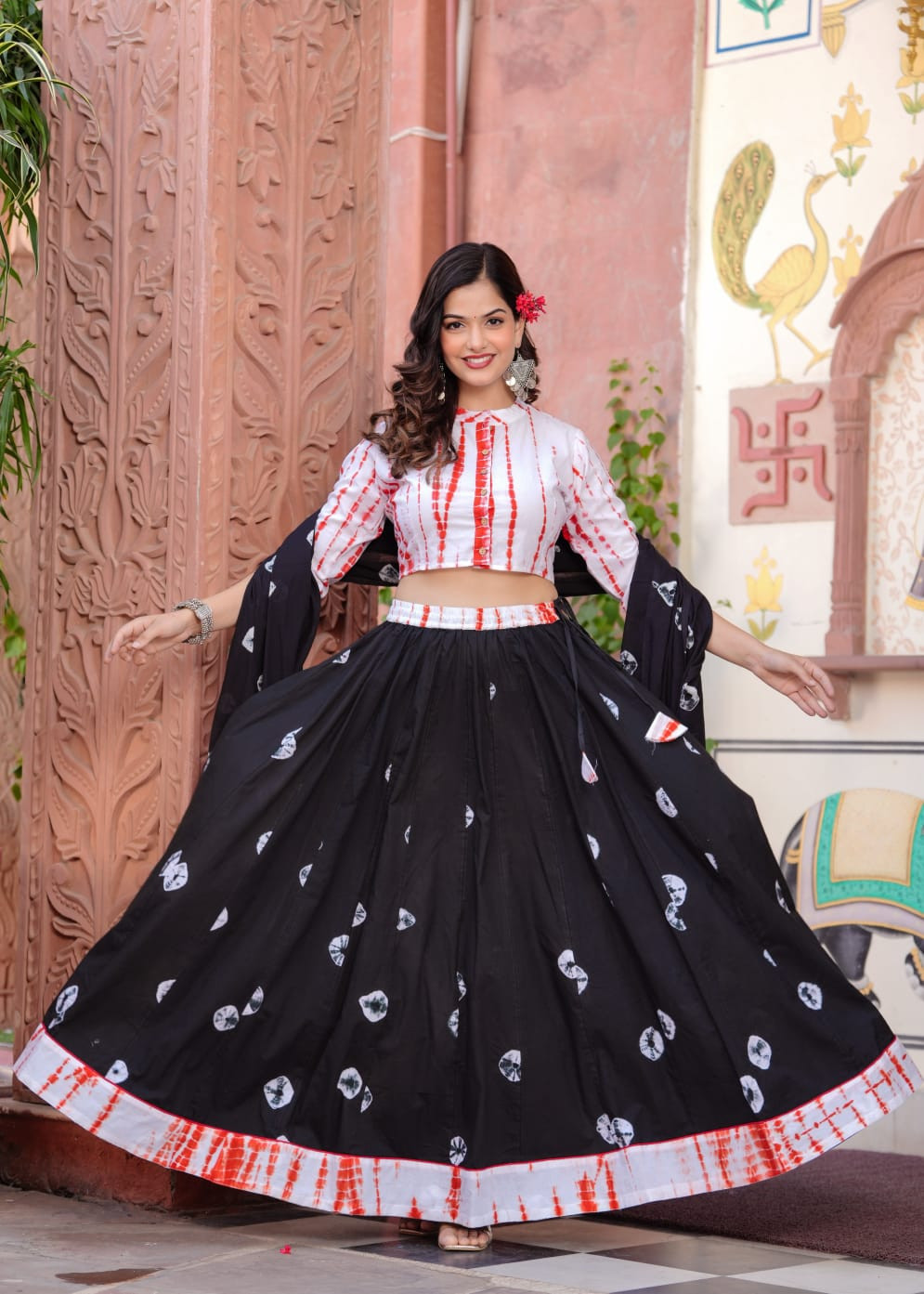 Black and White Shibori Tie-Dye Cotton Lehenga Choli with a Solid Black Dupatta.