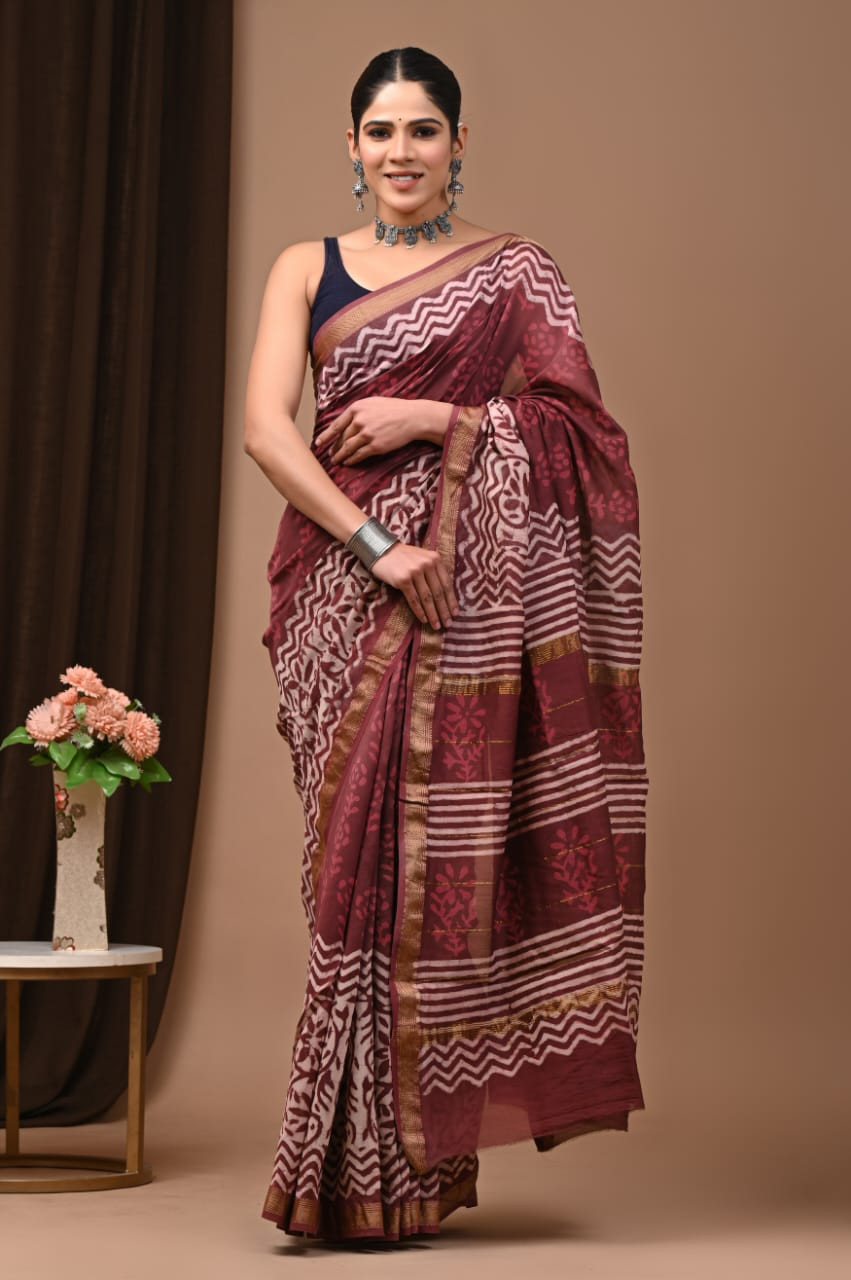Maroon Hand Block Printed Maheshwari Silk Saree