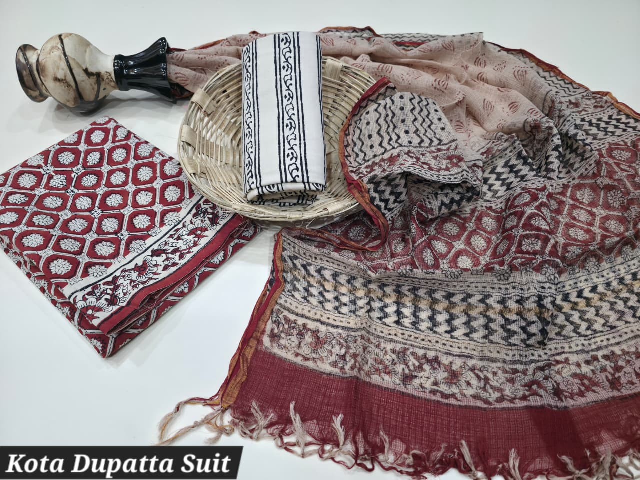 Red and White Hand Block Print Cotton Suit with Kota Doria Dupatta.