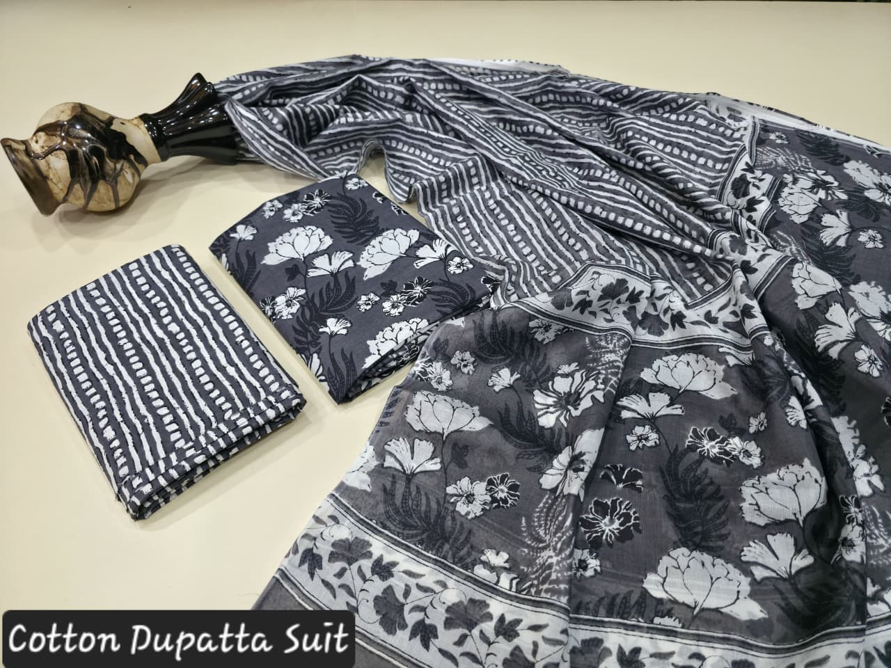 black and white Sanganeri/Bagru hand block print cotton dupatta suit.
