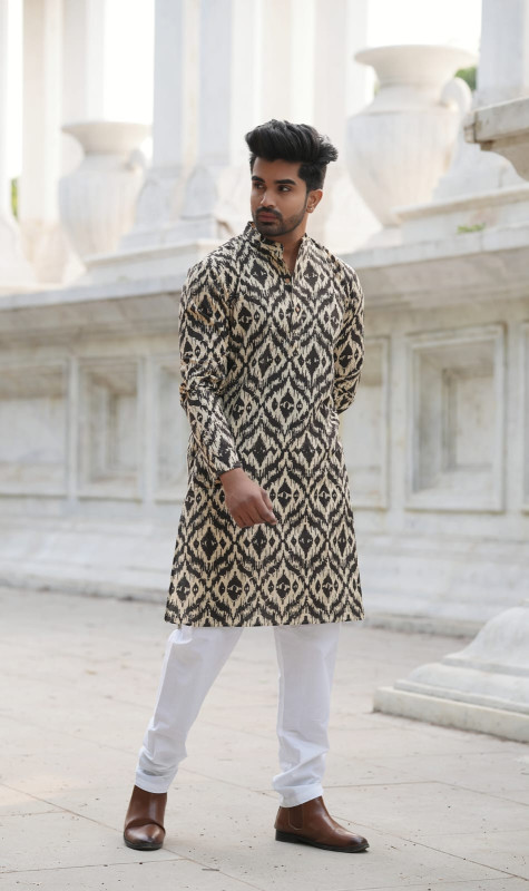 Black and Beige Ikat Print Kurta with White Pyjama