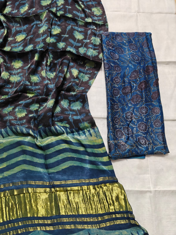 Black, Blue, and Gold Hand Block Printed Maheshwari Silk Saree