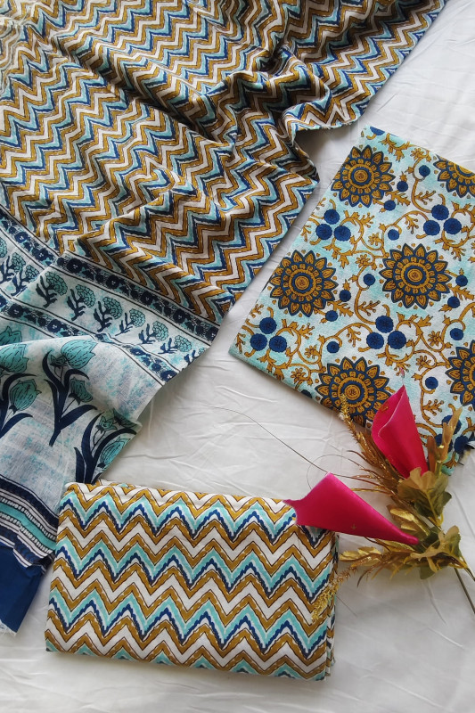 Blue Yellow White Hand Block Print Zigzag and Floral Motifs Cotton unstitched suit  Material for Women 2.5 Mtr top and 2.5 Mtr Bottom  and  2.5 Mtr Dupatta
