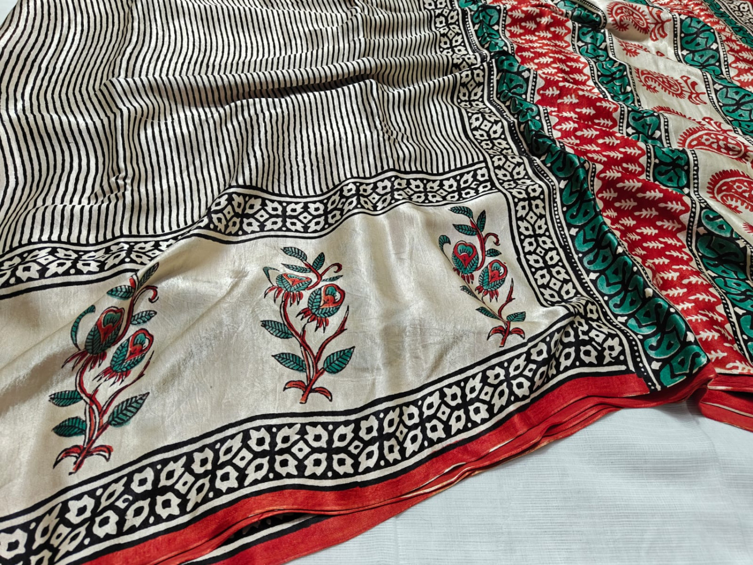 Brown and Beige Hand Block Striped Print Modal Silk Saree