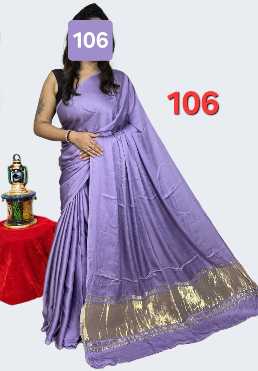 Lavender modal silk palin daying  Saree with Elegant Gold Shimmer Tissue Border