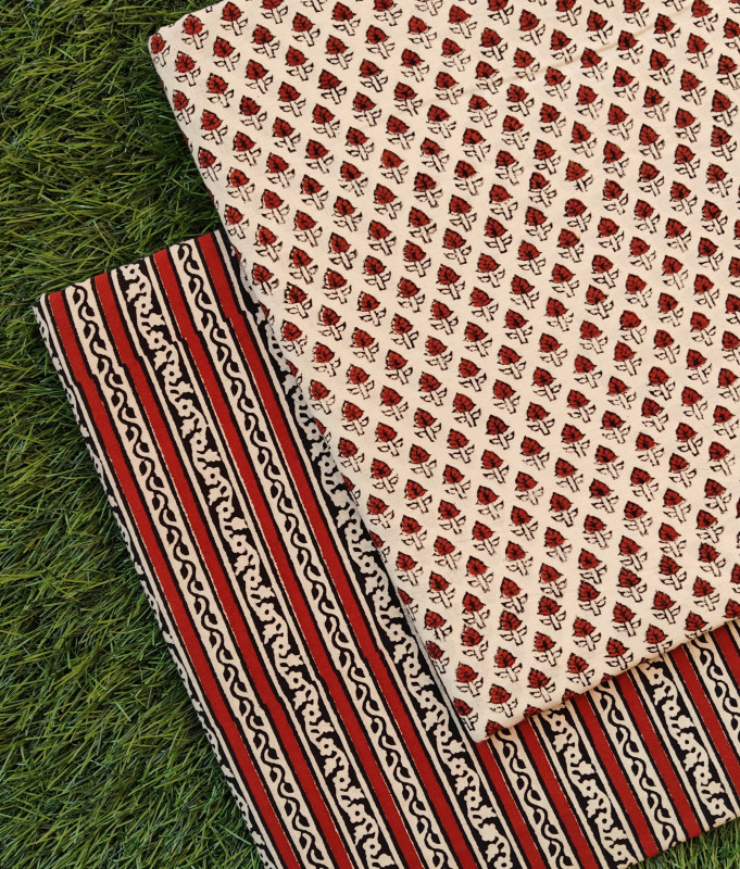 Crimson Red & Black 'Rose & Stripe' Motif Hand-Block Bagru Print Cotton (60/60) Cambric Suit Set – Top 2.50 MTR + Bottom 2.50 MTR