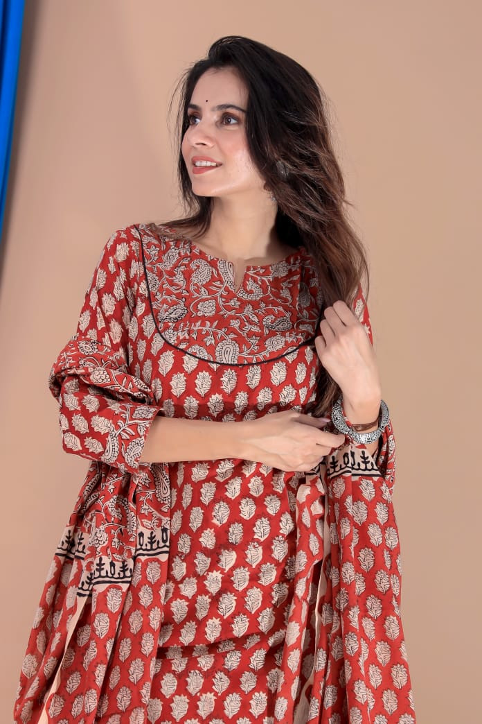 Red & Beige Hand Block Print Cotton Designer Long Kurta & Skirt with Dupatta