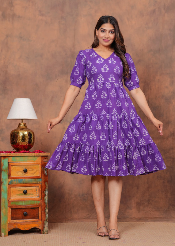 Purple Leaf Print Short Puff Sleeve Tiered one piece Dress