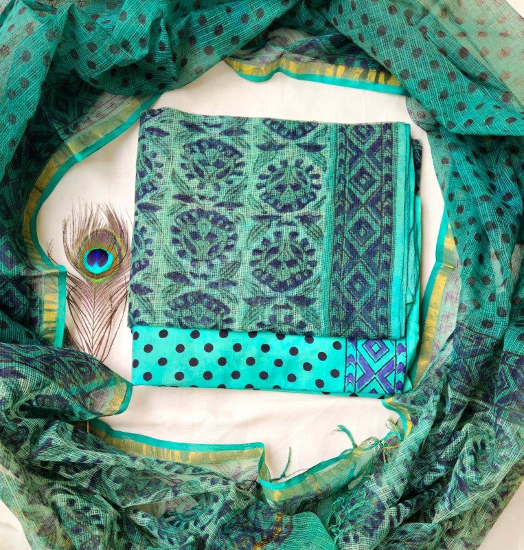 Teal Green Floral Hand Block Printed Kota Silk-Cotton Suit with Zari Border