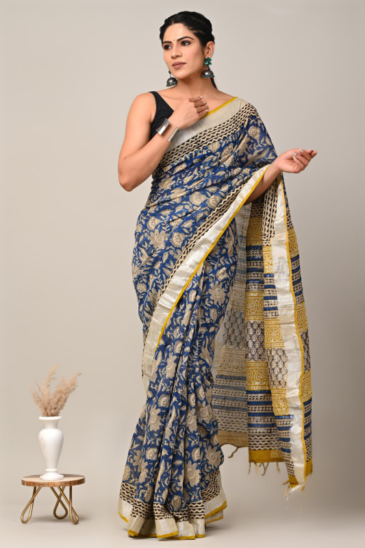 Navy Blue & golden Hand Block Printed Linen Saree.