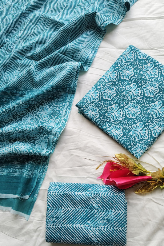 Aqua Block Print Cotton unstitched suit  Material for Women 2.5 Mtr top and 2.5 Mtr Bottom  and  2.5 Mtr Dupatta