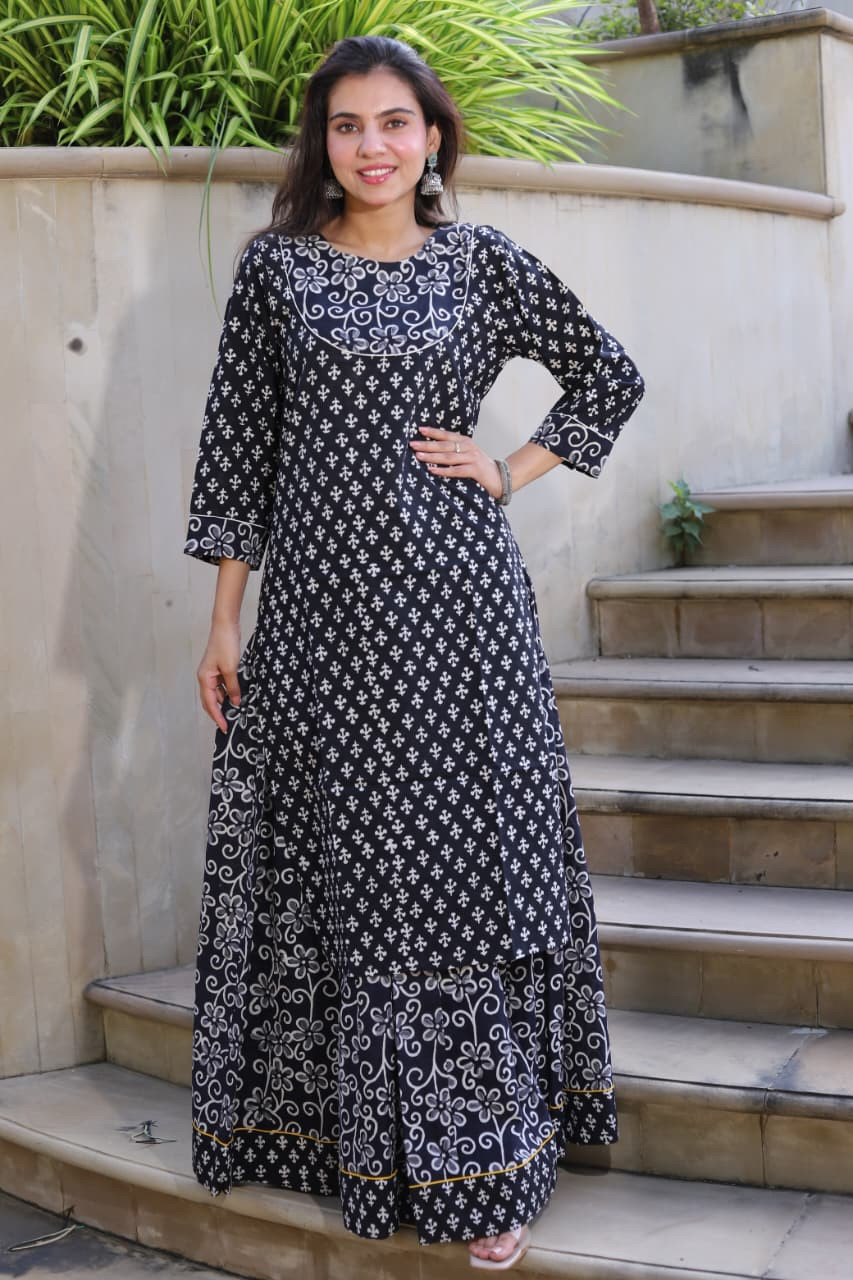 Black and Off-White Dabu Hand-Block Printed Cotton Anarkali Kurta