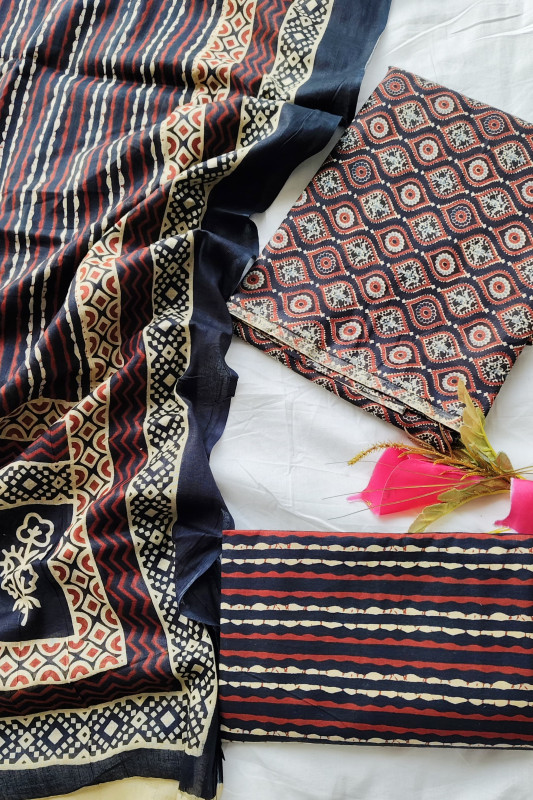 Navy Blue Rust Beige Hand Block Print Geometric and Striped Motifs Cotton unstitched suit  Material for Women 2.5 Mtr top and 2.5 Mtr Bottom  and  2.5 Mtr Dupatta