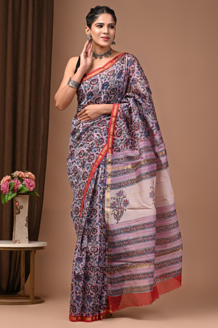 Regal Bloom Multicolor Floral Printed Pure Silk Saree with Black Blouse