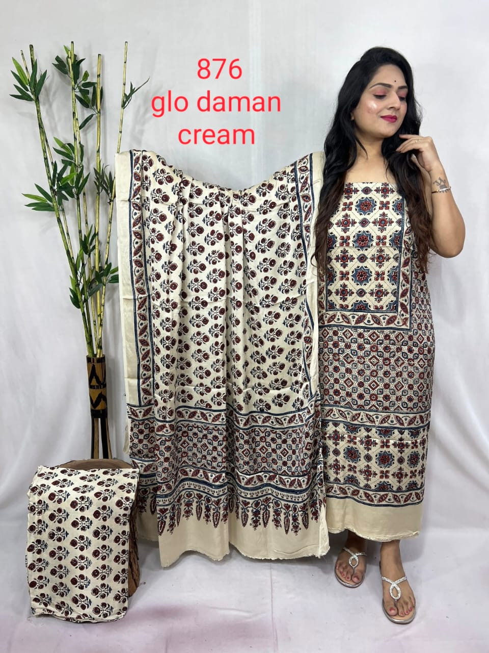 Cream Saree suit traditional Ajrakh hand block printing