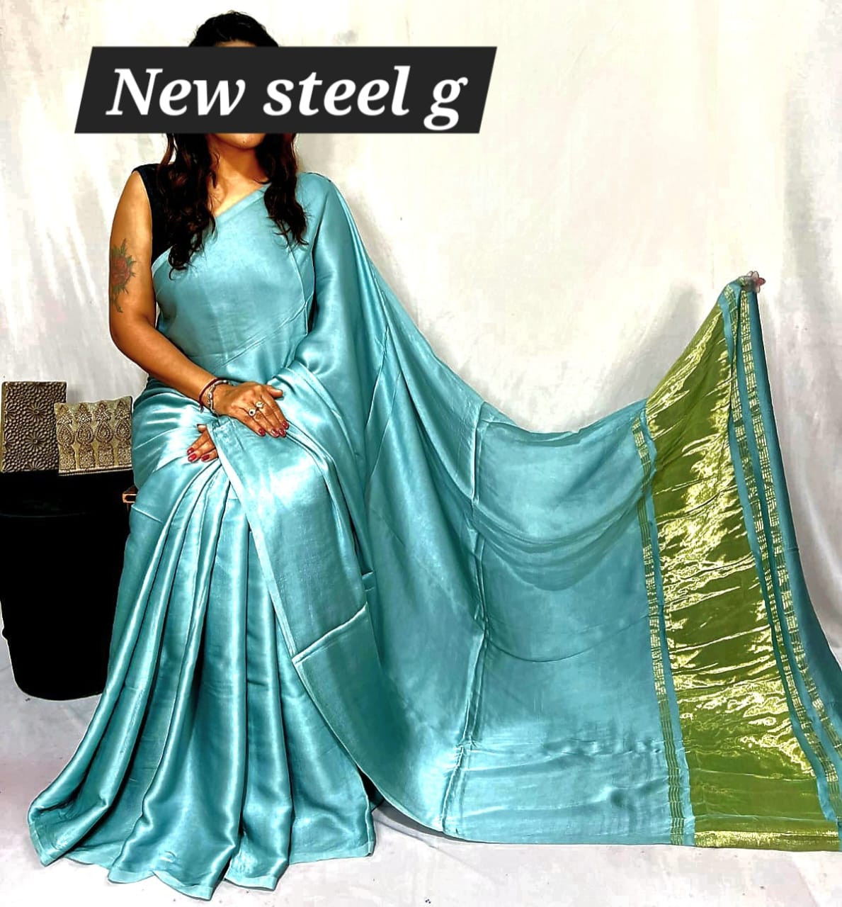 Sea Green Satin  Modal Silk plain dying  Saree.