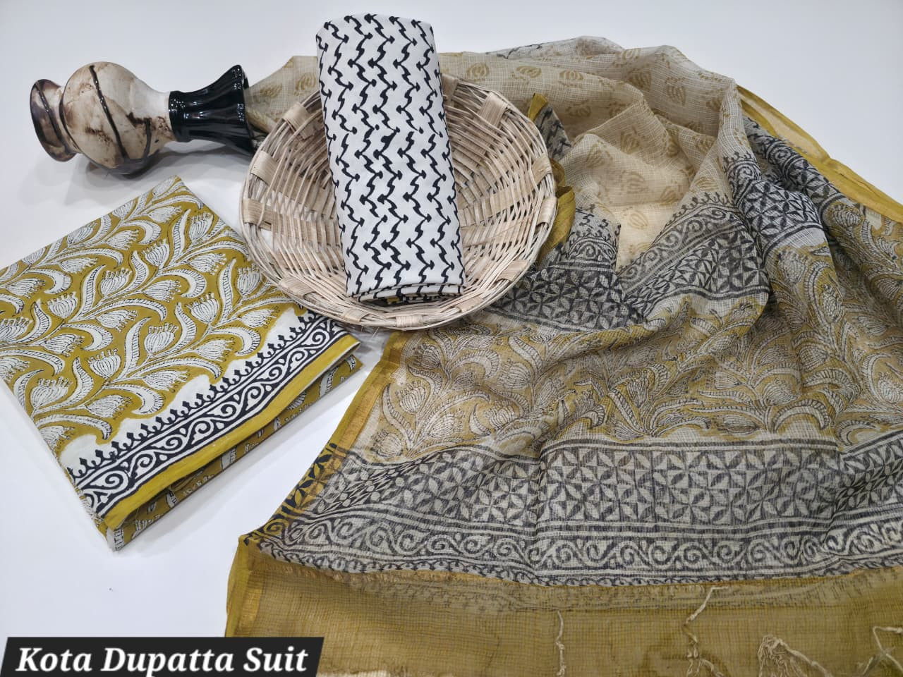 Yellow and Beige Hand Block Print Cotton Suit with Kota Doria Dupatta.
