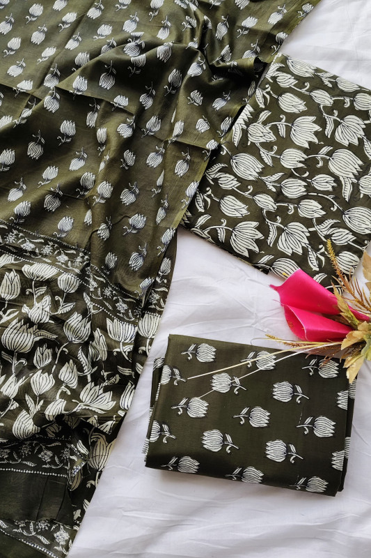 Olive Green Hand  Printed Cotton unstitched suit Material for Women 2.5 Mtr top and 2.5 Mtr Bottom and 2.5 Mtr Dupatta