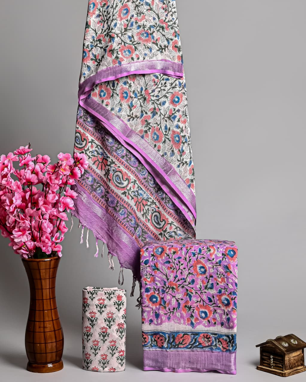 Lavender Pink And Blue Hand Block Printed Linen Cotton Suit