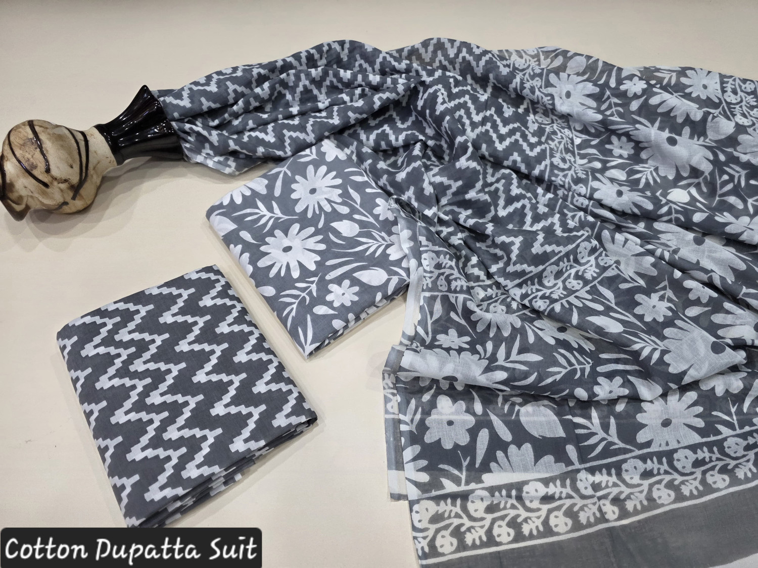 Grey and White Hand Block Printed Cotton Dupatta Suit.