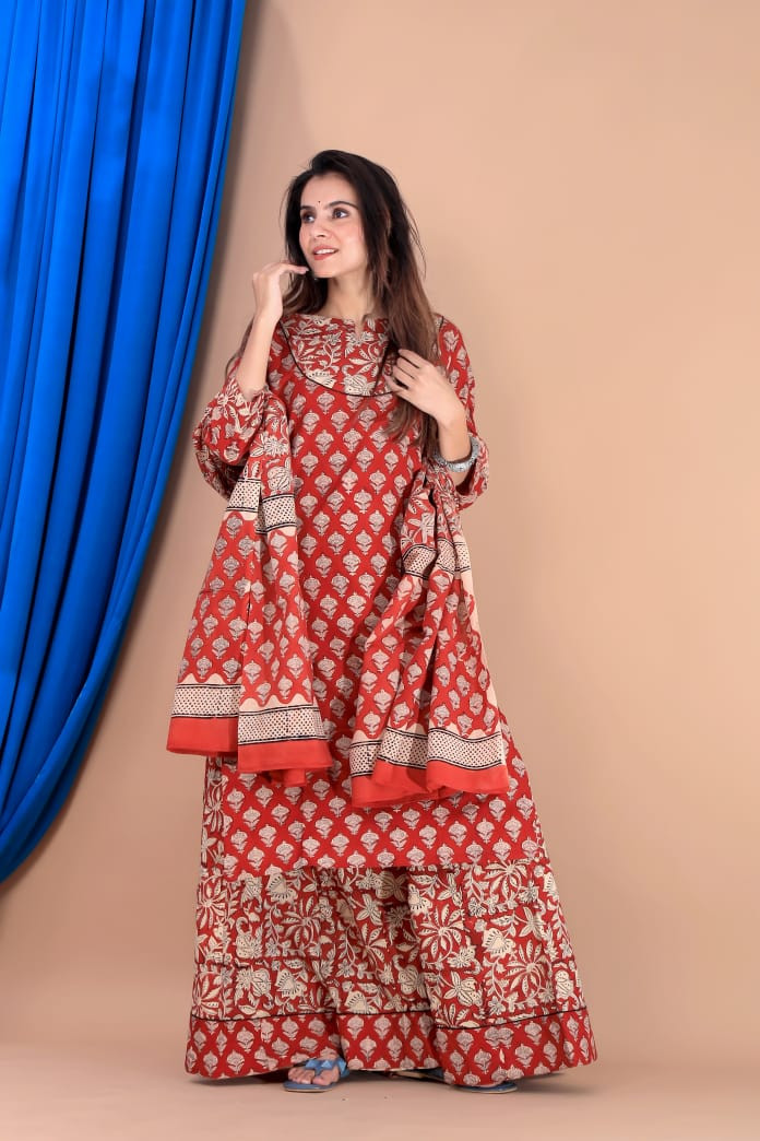 Red Hand Block Printed Cotton Long Kurta & Skirt with Dupatta
