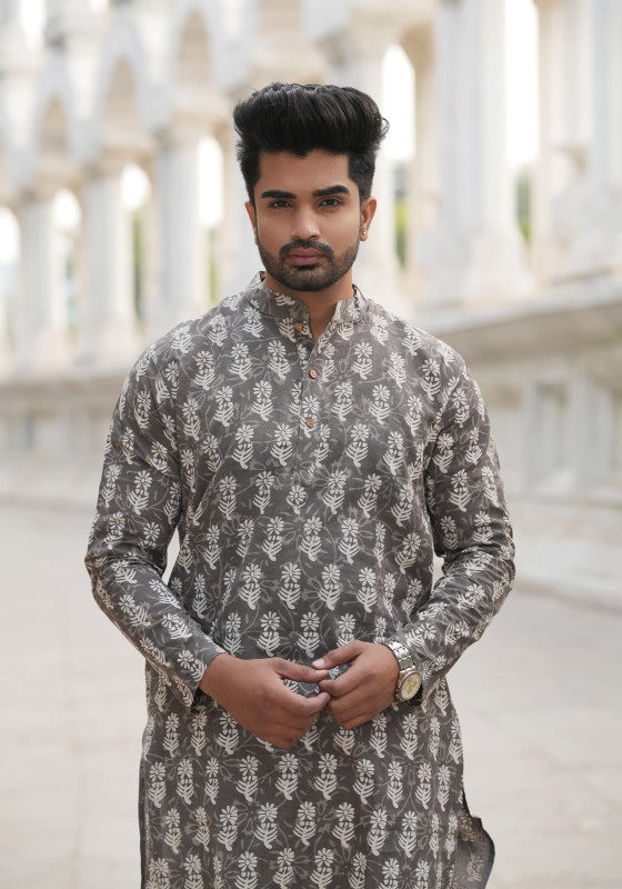 Grey or taupe with a hand block print, dabu print, or ethnic motif pattern