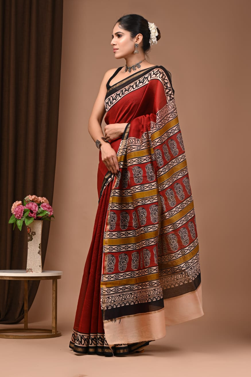 "Narmada Ruby" Hand Block Printed Maheshwari Silk Saree with Blouse