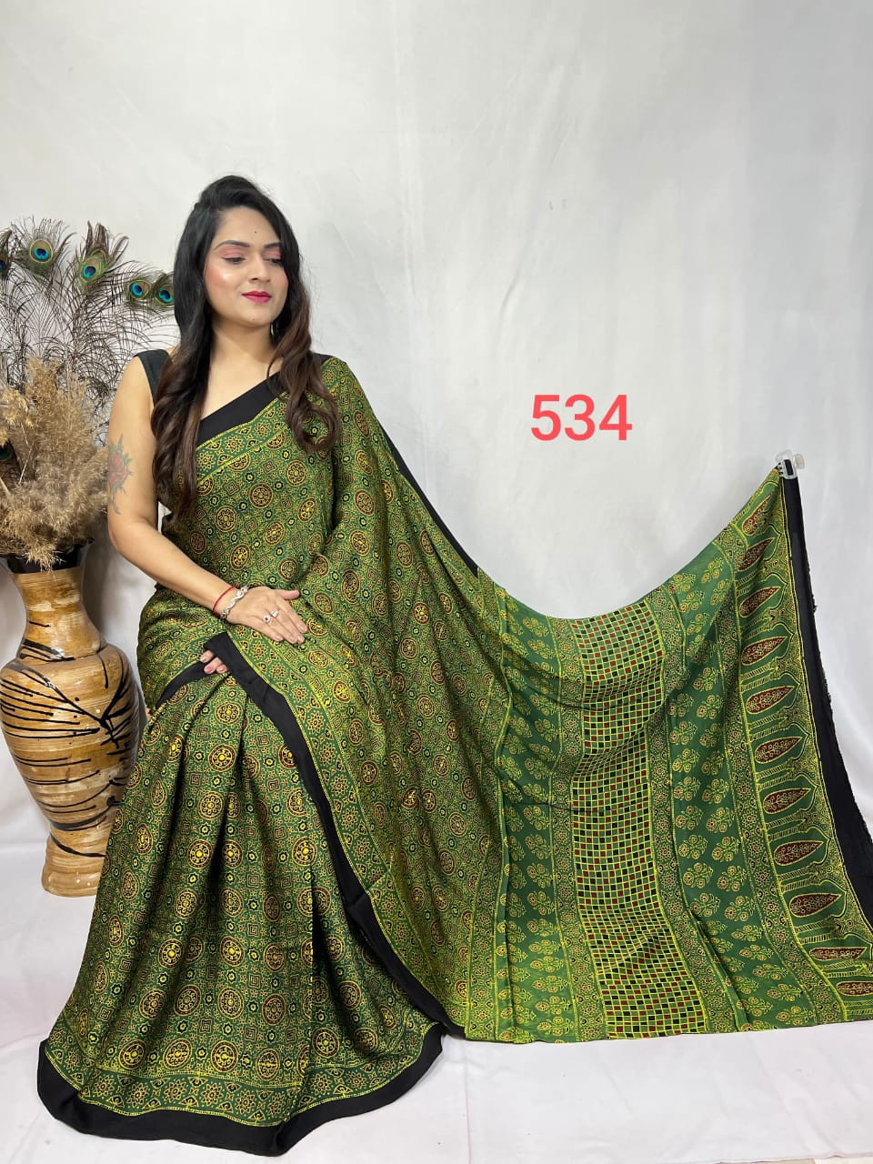Green and Black Ajrakh Hand Block Printed Modal Silk Saree